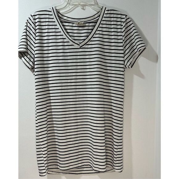 POL women’s black white stripe short sleeve v-neck tunic top size Large #35-0886 - Picture 1 of 5